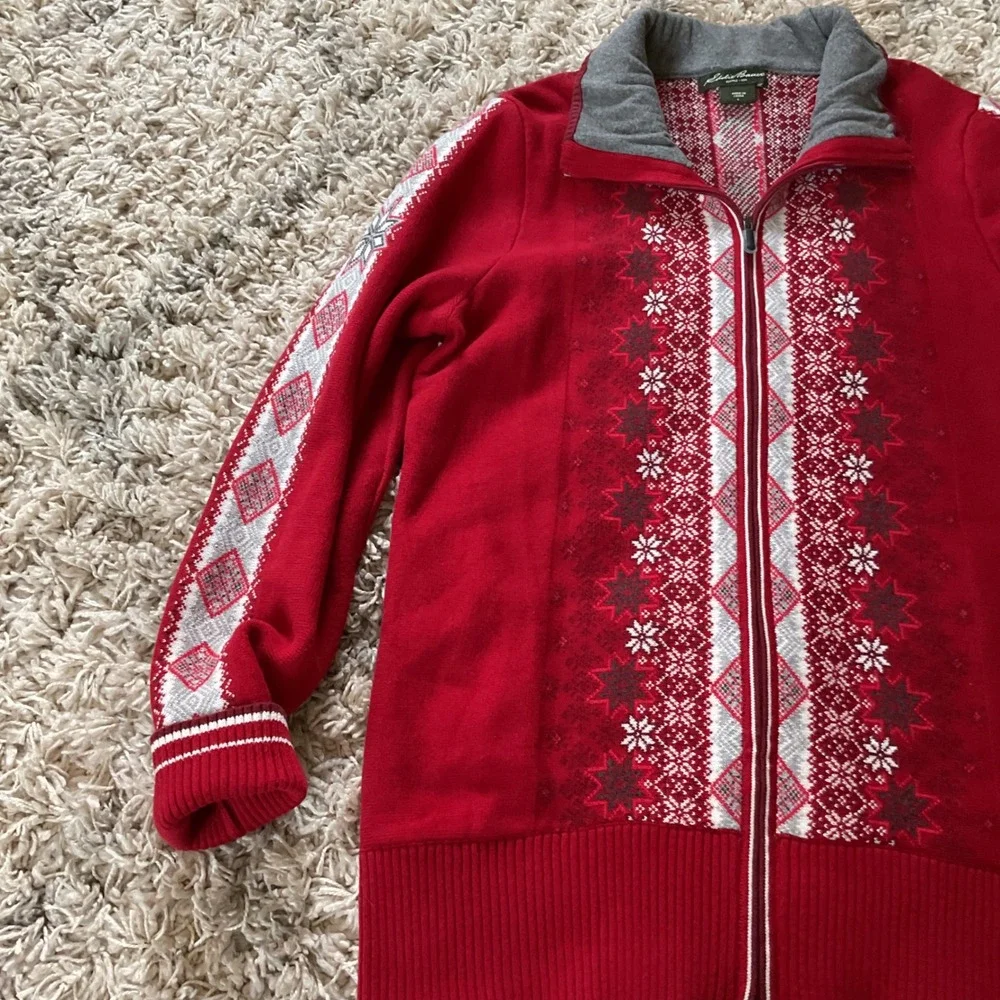 Eddie Bauer Womens Red Fair Isle Full Zip Nordic Snowflake Sweater Mock‎ Neck L